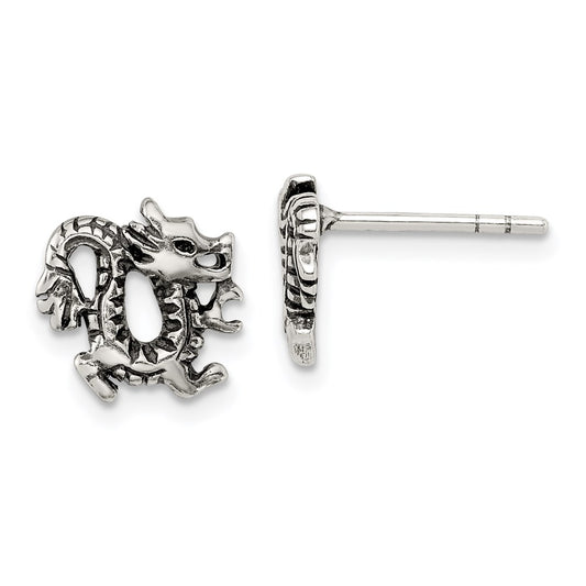 QE4913 Sterling Silver Antiqued Dragon Post Earrings