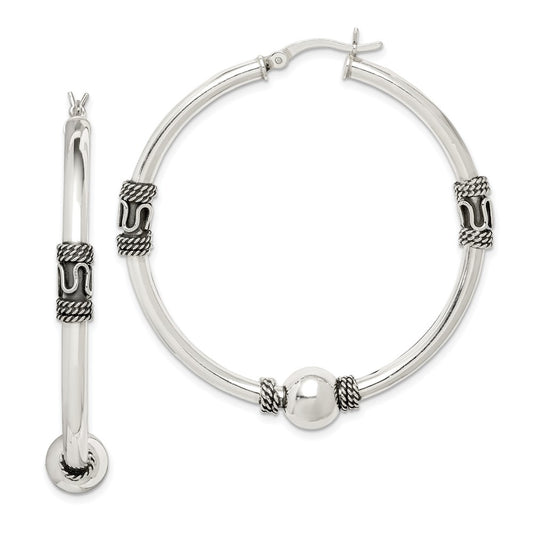 QE4920 Sterling Silver Antiqued Hoop Earrings