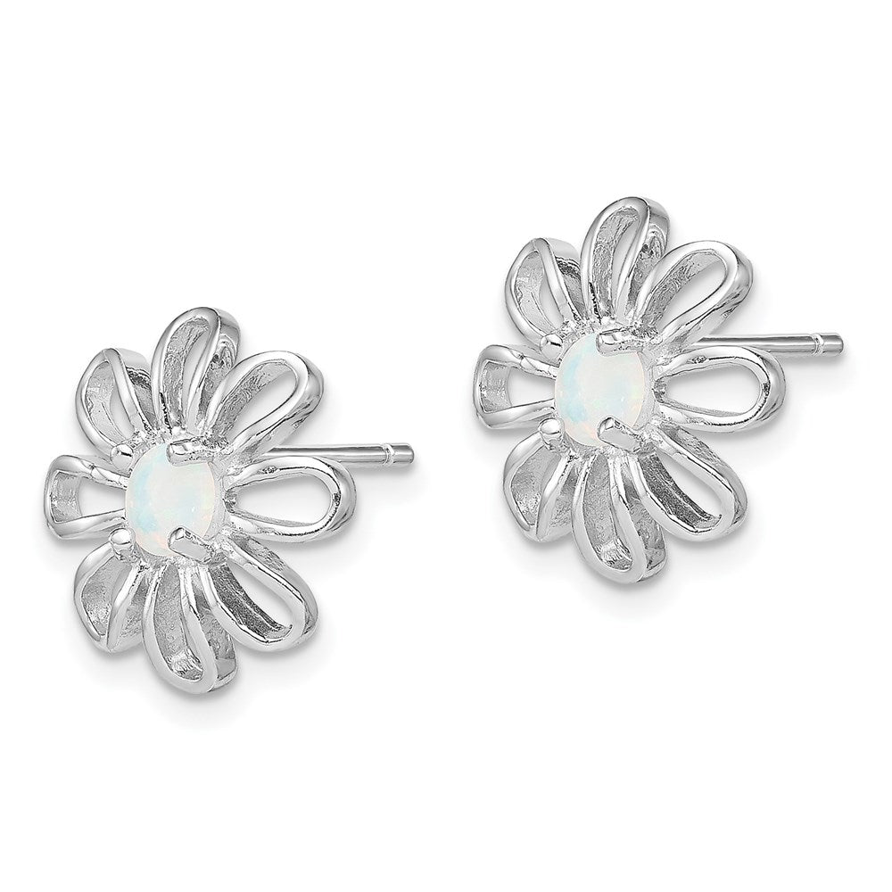 QE4964 Sterling Silver Rhodium-plated Created Opal Daisy Post Earrings