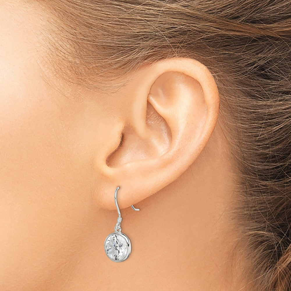 QE4999 Sterling Silver Polished 11mm Round CZ Bezel Set Dangle Earrings