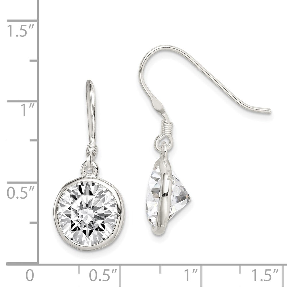 QE4999 Sterling Silver Polished 11mm Round CZ Bezel Set Dangle Earrings