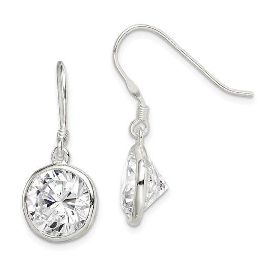 QE4999 Sterling Silver Polished 11mm Round CZ Bezel Set Dangle Earrings