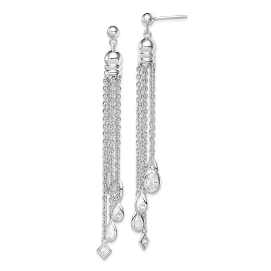 QE5023 Sterling Silver RH-plated Polished CZ & Multi-Chain Post Dangle Earrings