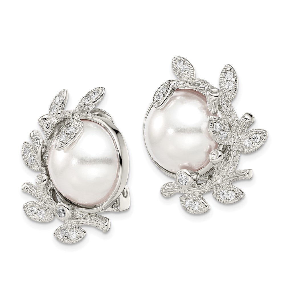 QE5107 Sterling Silver Polished & Textured Fancy Imitation Pearl & CZ Leaf Non Pierced Earrings