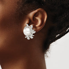 QE5107 Sterling Silver Polished & Textured Fancy Imitation Pearl & CZ Leaf Non Pierced Earrings