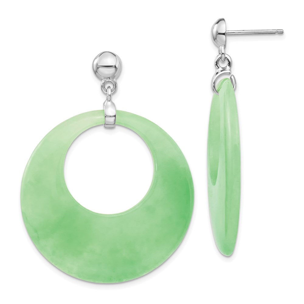 QE5125 Sterling Silver Rhodium-plated Polished Jade Circle Post Dangle Earrings