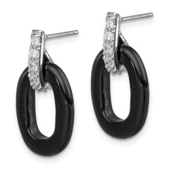 QE5143 Sterling Silver Rhod-plated Polished Onyx & CZ Oval Post Dangle Earrings