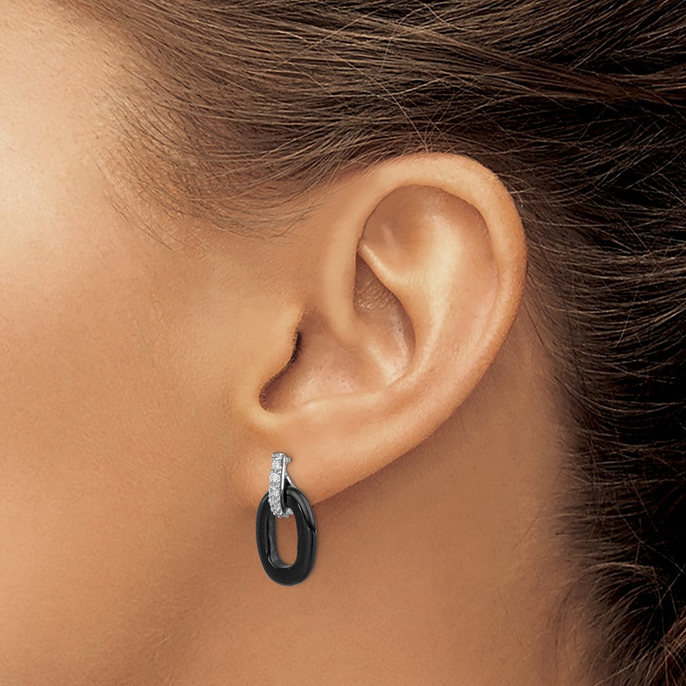 QE5143 Sterling Silver Rhod-plated Polished Onyx & CZ Oval Post Dangle Earrings