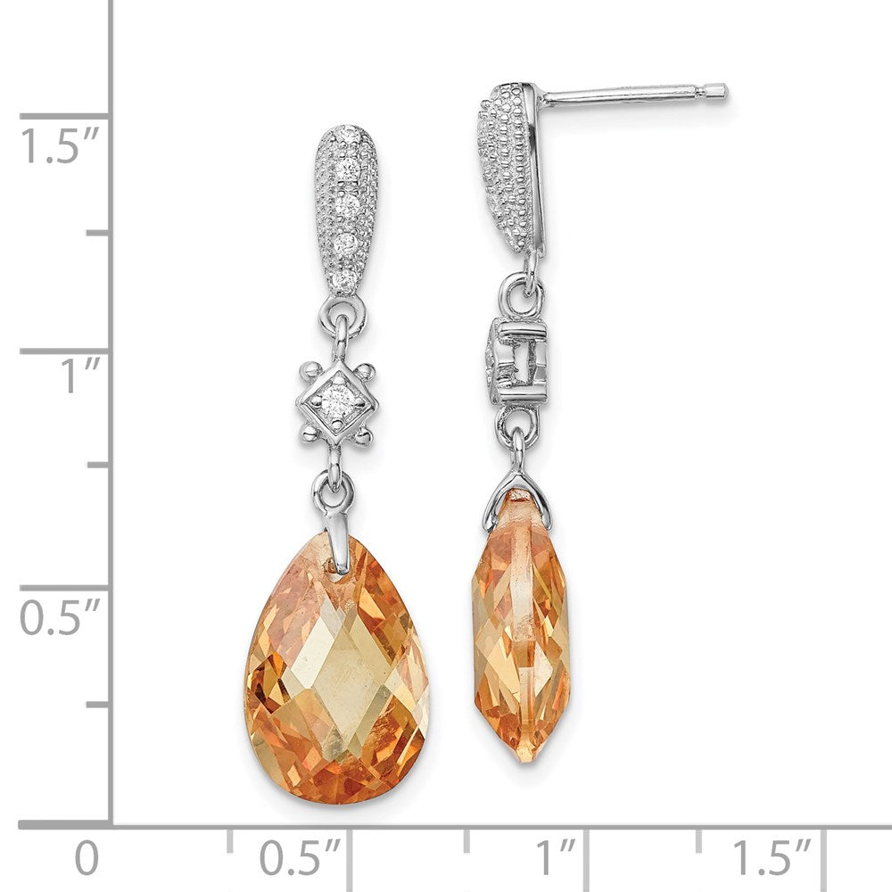 QE5192 Sterling Silver Rhodium-plated Polished & Textured Champagne & White CZ Teardrop Post Dangle Earrings