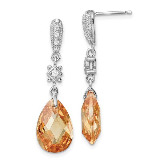 QE5192 Sterling Silver Rhodium-plated Polished & Textured Champagne & White CZ Teardrop Post Dangle Earrings