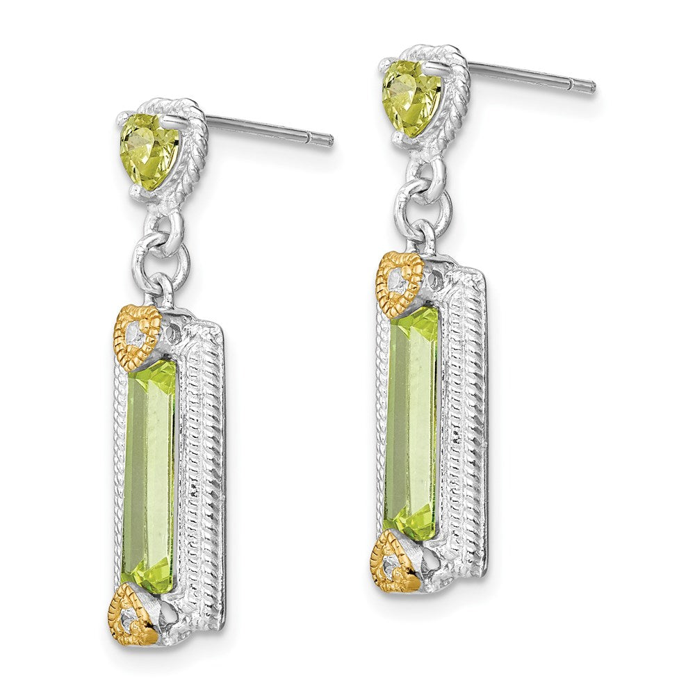 QE5209 Sterling Silver w/ Gold-tone Vermeil Polished & Textured Light Green CZ Hearts Post Dangle Earrings