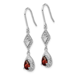 QE5268 Sterling Silver Rhodium-plated Polished Diamond-cut & Textured Red CZ Teardrop Dangle Earrings