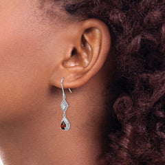 QE5268 Sterling Silver Rhodium-plated Polished Diamond-cut & Textured Red CZ Teardrop Dangle Earrings