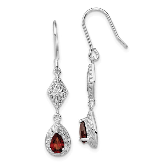 QE5268 Sterling Silver Rhodium-plated Polished Diamond-cut & Textured Red CZ Teardrop Dangle Earrings