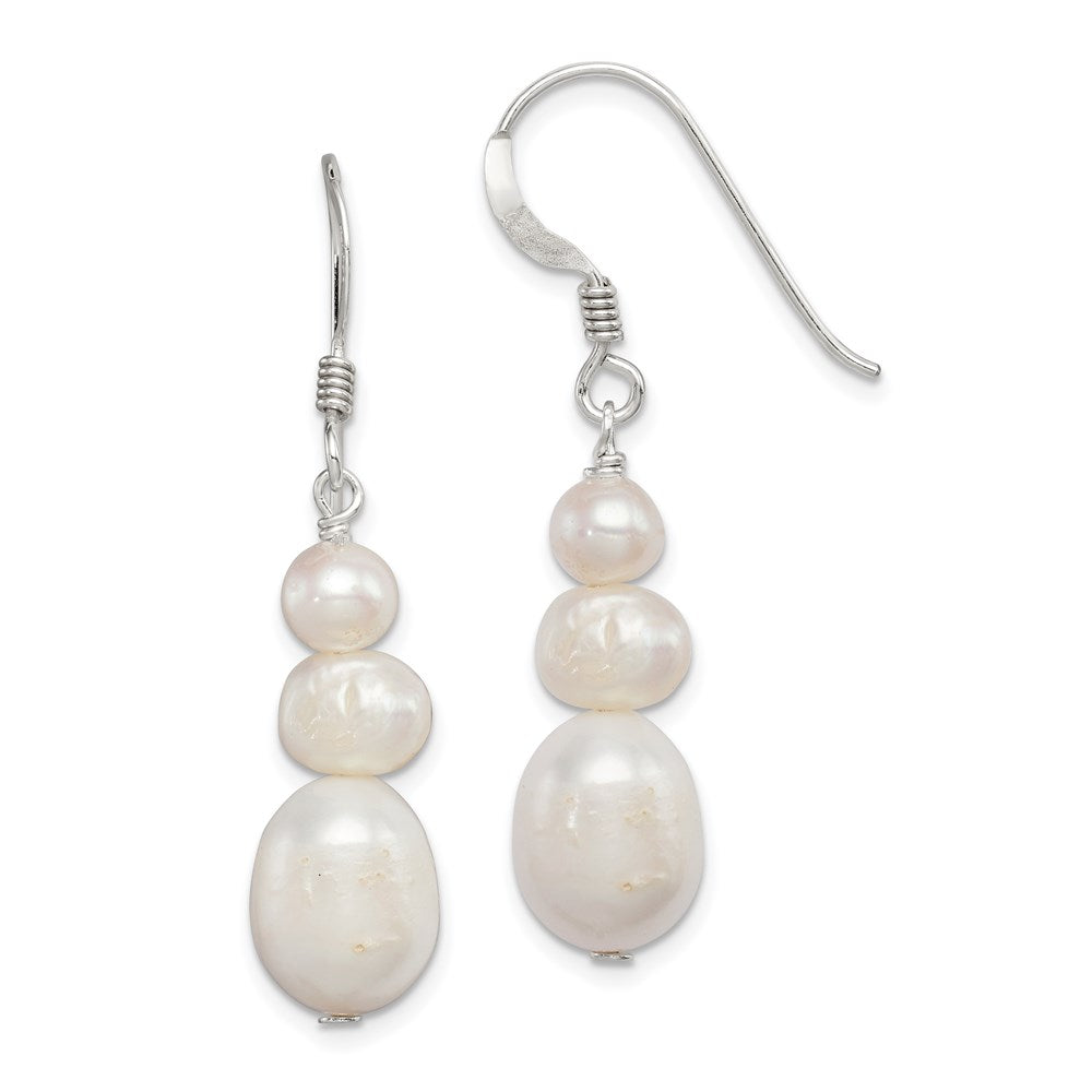 QE5422 Sterling Silver Polished White 6-10mm Freshwater Cultured Pearl Dangle Earrings