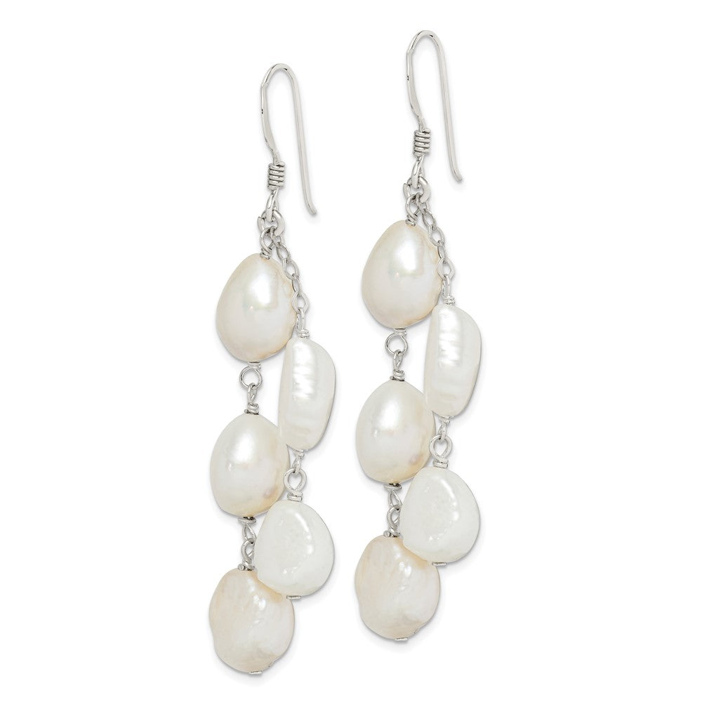 QE5424 Sterling Silver Polished White 8-10mm Baroque Freshwater Cultured Pearl Two-Strand Dangle Earrings
