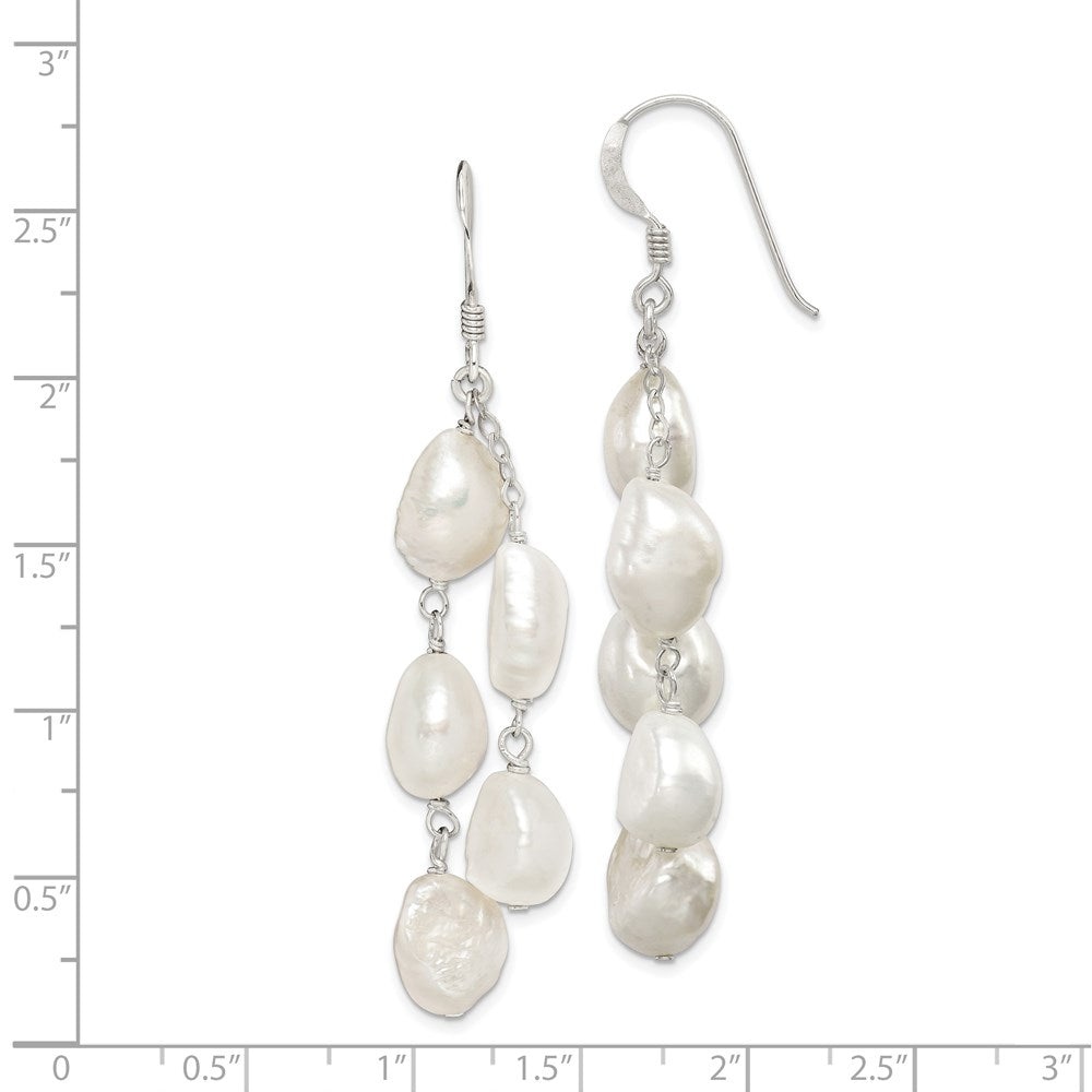 QE5424 Sterling Silver Polished White 8-10mm Baroque Freshwater Cultured Pearl Two-Strand Dangle Earrings