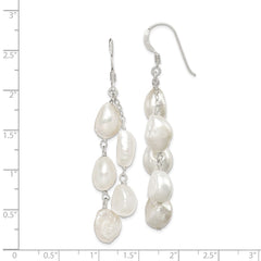 QE5424 Sterling Silver Polished White 8-10mm Baroque Freshwater Cultured Pearl Two-Strand Dangle Earrings
