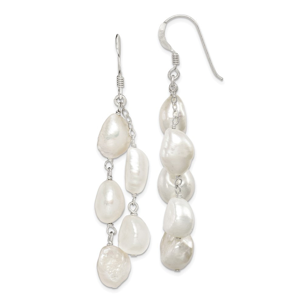QE5424 Sterling Silver Polished White 8-10mm Baroque Freshwater Cultured Pearl Two-Strand Dangle Earrings