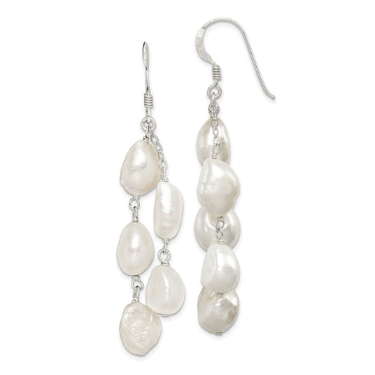 QE5424 Sterling Silver Polished White 8-10mm Baroque Freshwater Cultured Pearl Two-Strand Dangle Earrings
