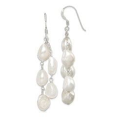 QE5424 Sterling Silver Polished White 8-10mm Baroque Freshwater Cultured Pearl Two-Strand Dangle Earrings