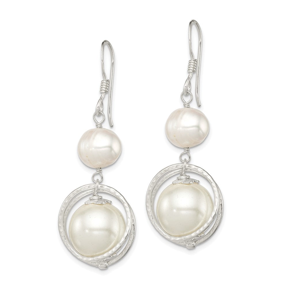 QE5428 Sterling Silver Polished & Textured White 8-9mm Freshwater Cultured Pearl & 11-12mm Shell Pearl Dangle Earrings