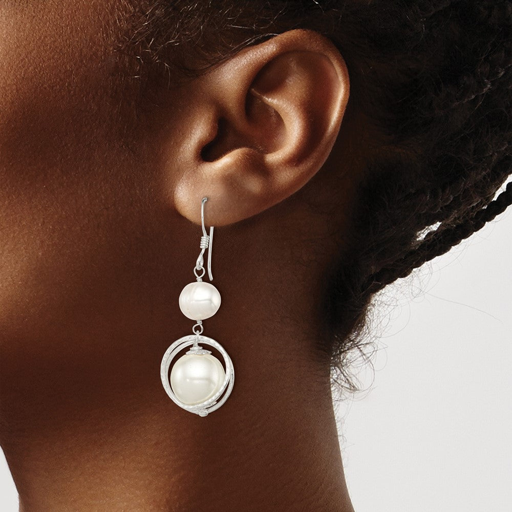 QE5428 Sterling Silver Polished & Textured White 8-9mm Freshwater Cultured Pearl & 11-12mm Shell Pearl Dangle Earrings