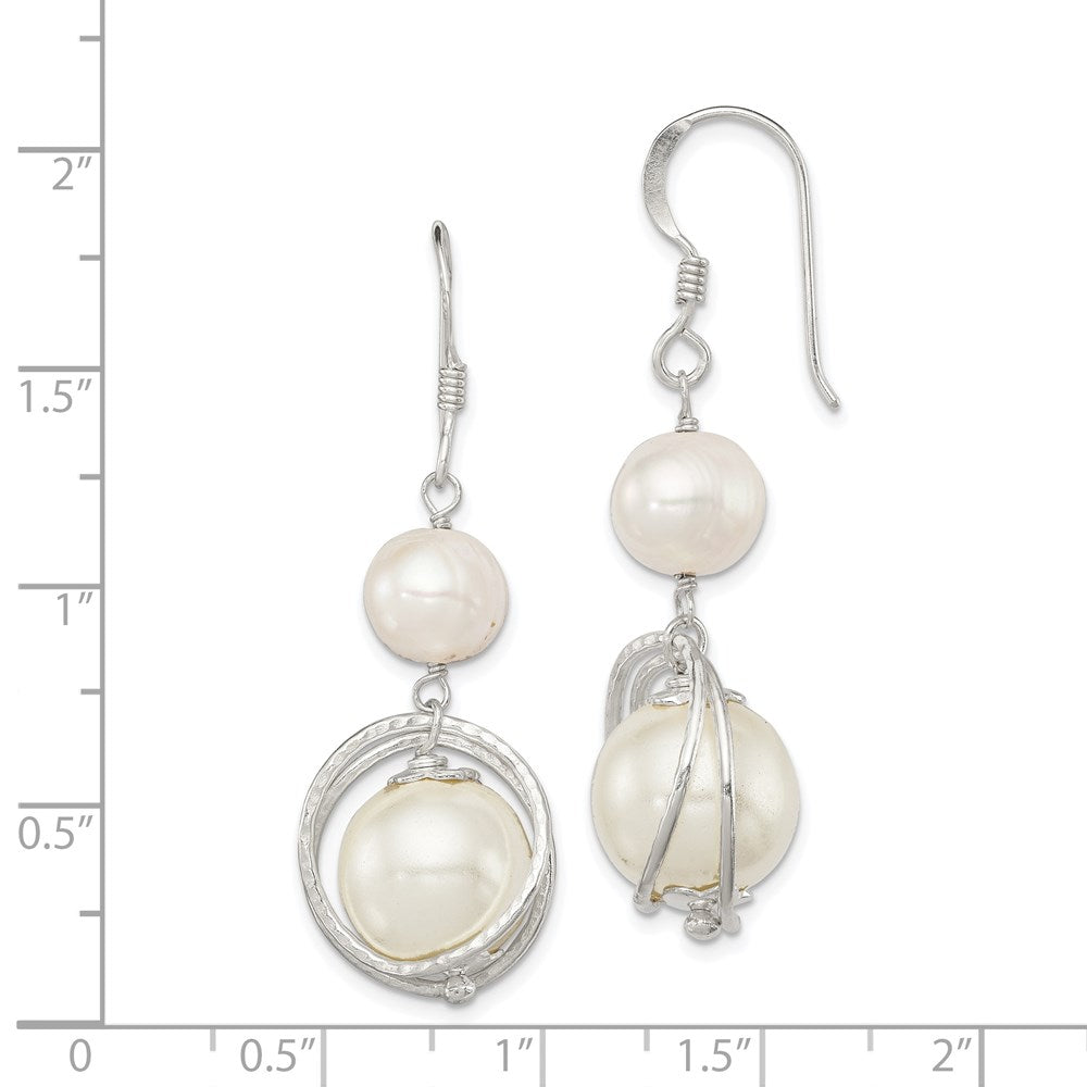QE5428 Sterling Silver Polished & Textured White 8-9mm Freshwater Cultured Pearl & 11-12mm Shell Pearl Dangle Earrings