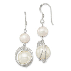 QE5428 Sterling Silver Polished & Textured White 8-9mm Freshwater Cultured Pearl & 11-12mm Shell Pearl Dangle Earrings