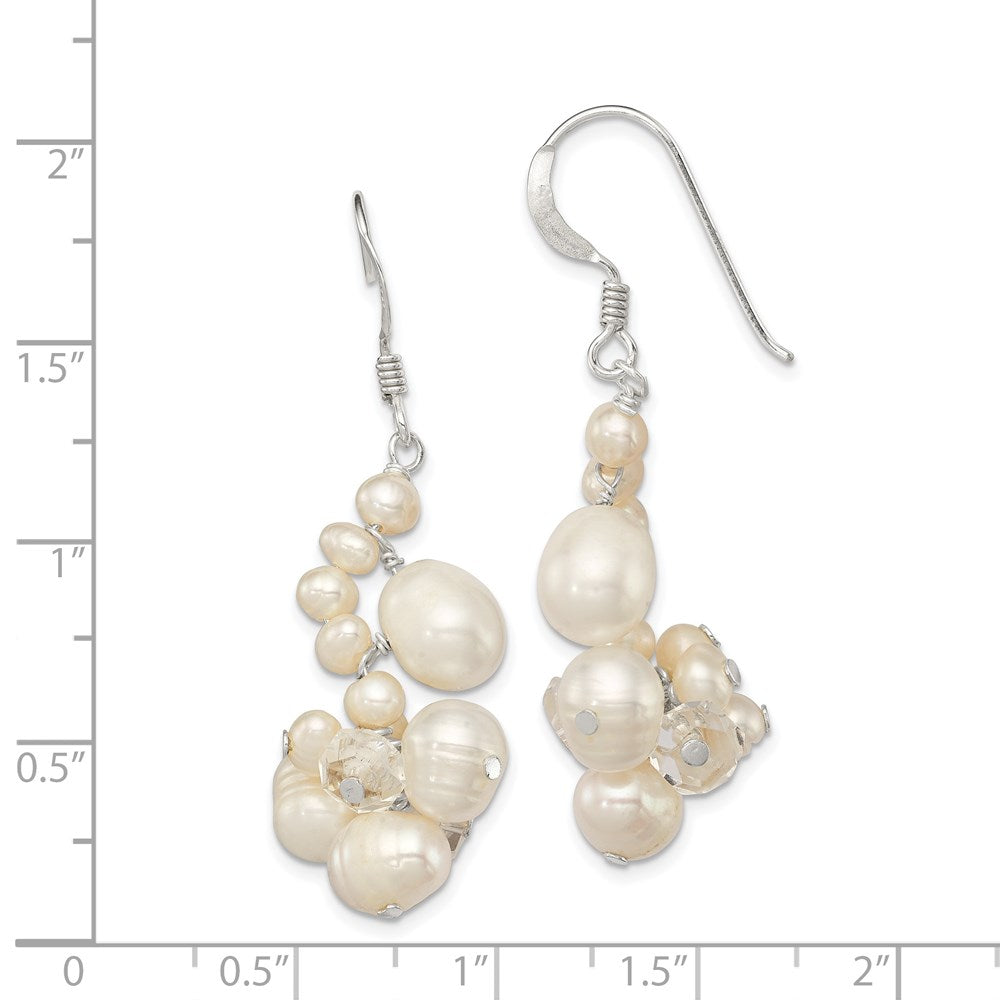 QE5442 Sterling Silver Polished White Freshwater Cultured Pearl & Crystal Cluster Dangle Earrings