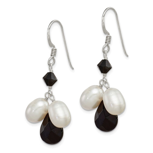 QE5466 Sterling Silver Polished FWC Pearl / Black Crystal / Onyx Dangle Earrings