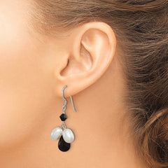 QE5466 Sterling Silver Polished FWC Pearl / Black Crystal / Onyx Dangle Earrings