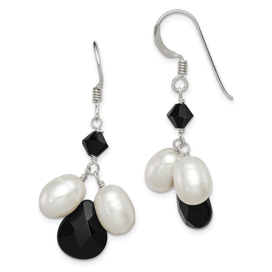 QE5466 Sterling Silver Polished FWC Pearl / Black Crystal / Onyx Dangle Earrings