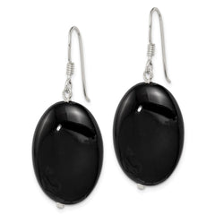 QE5468 Sterling Silver Polished Black Agate Oval Dangle Earrings