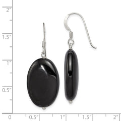 QE5468 Sterling Silver Polished Black Agate Oval Dangle Earrings