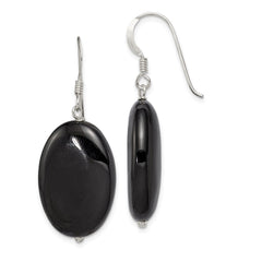 QE5468 Sterling Silver Polished Black Agate Oval Dangle Earrings