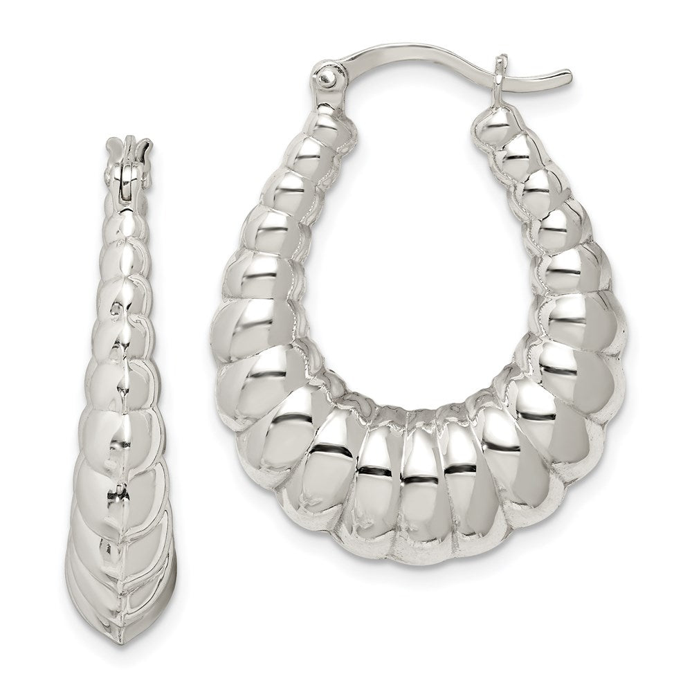 QE547 Sterling Silver Rhodium-plated Polished Shrimp Oval Hoop Earrings