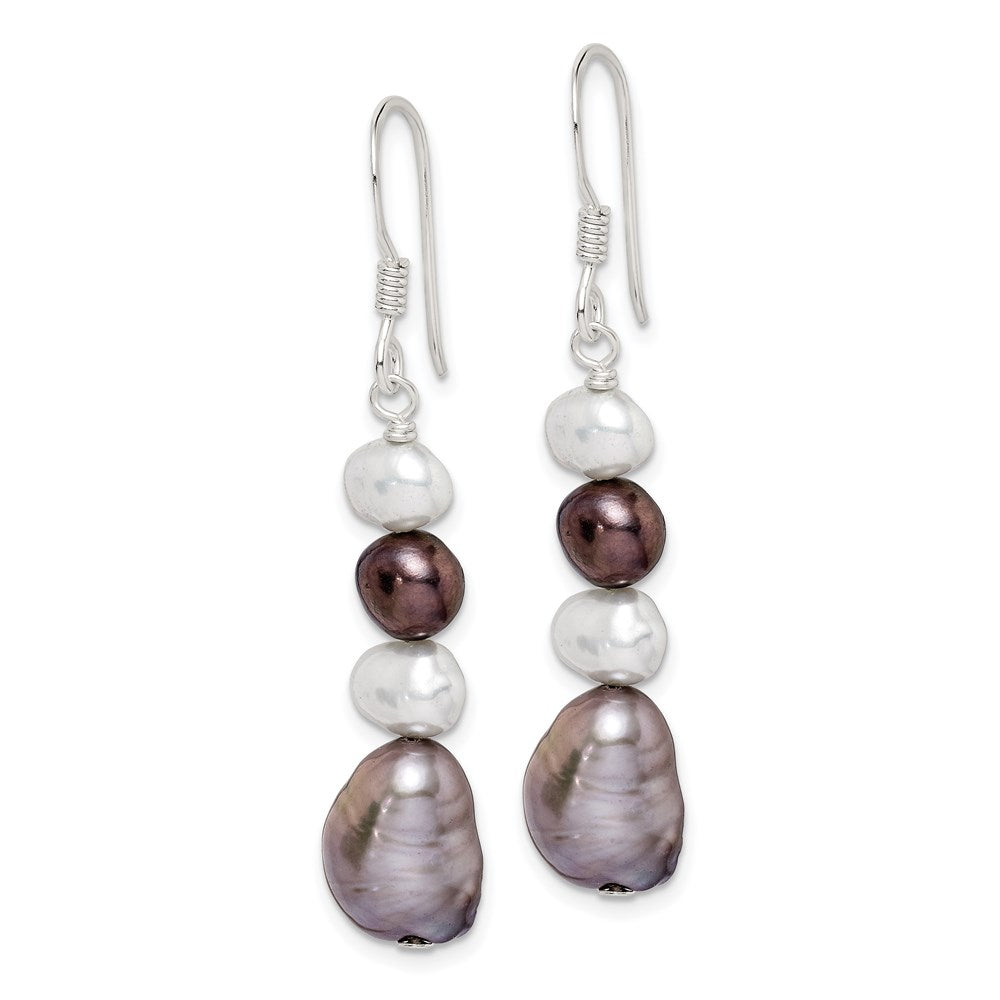 QE5531 Sterling Silver Polished Black, White and Grey 6-9mm Freshwater Cultured Pearl Dangle Earrings