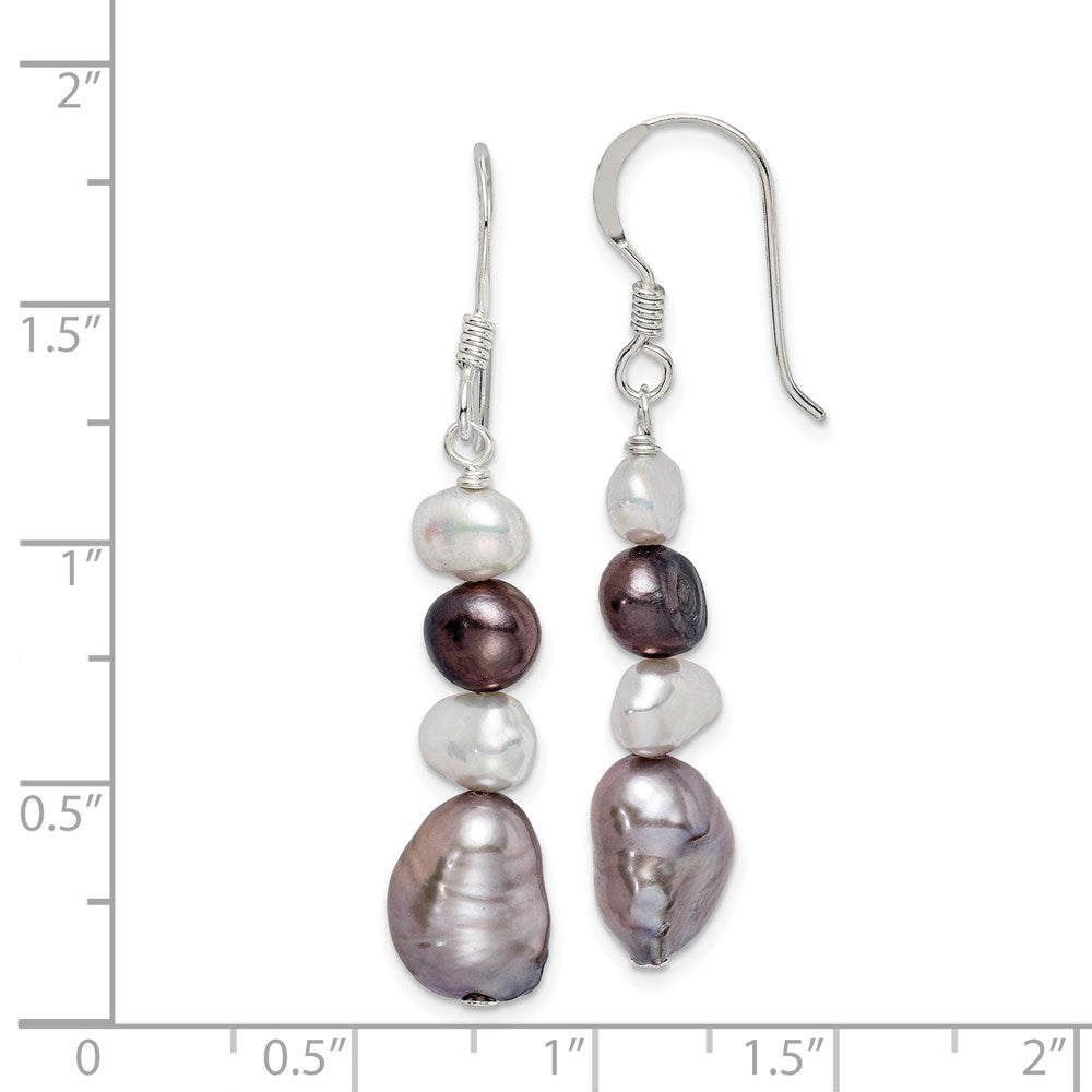 QE5531 Sterling Silver Polished Black, White and Grey 6-9mm Freshwater Cultured Pearl Dangle Earrings