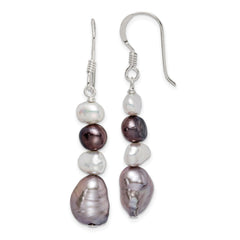 QE5531 Sterling Silver Polished Black, White and Grey 6-9mm Freshwater Cultured Pearl Dangle Earrings