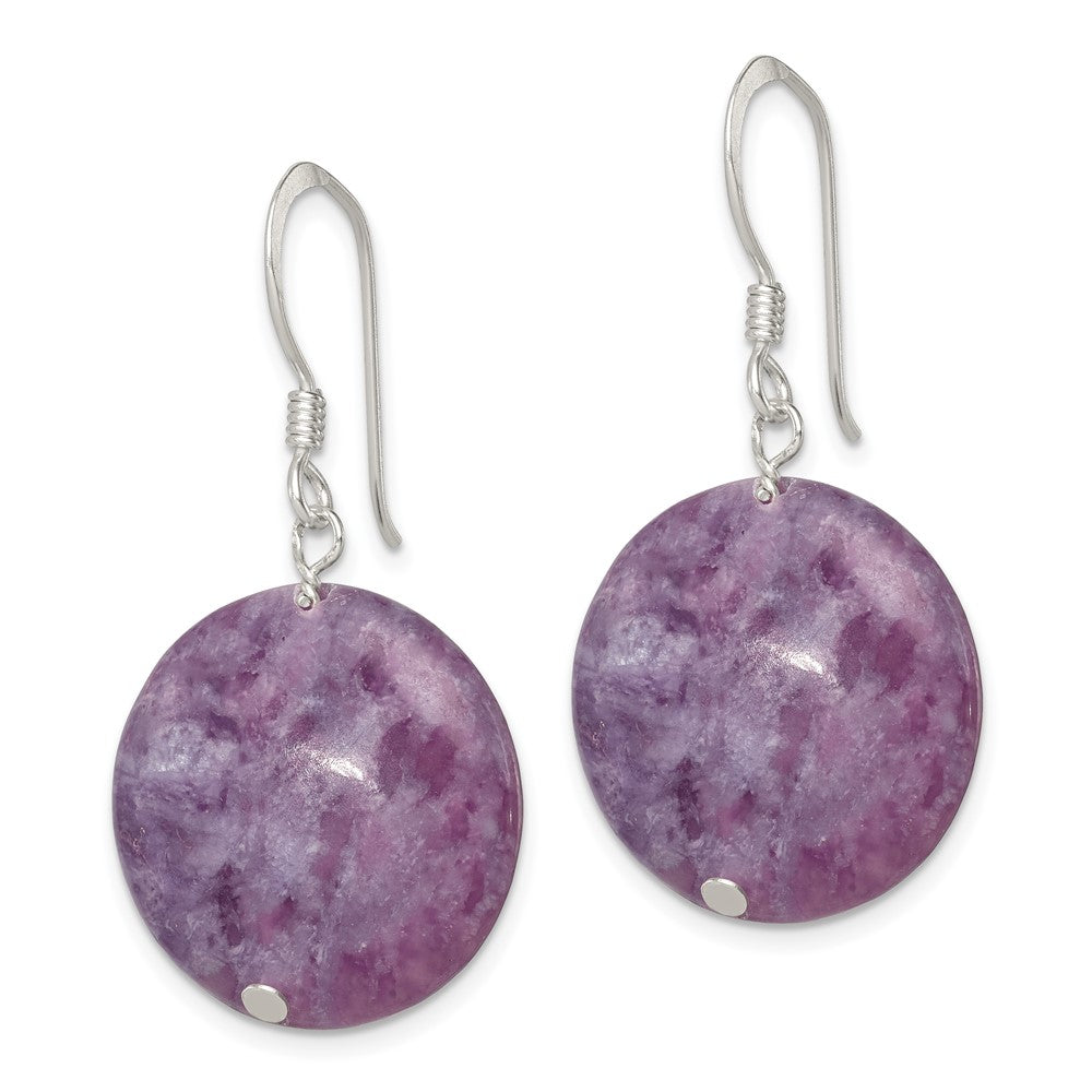 QE5854 Sterling Silver Polished Purple Lepidolite Circle Dangle Earrings