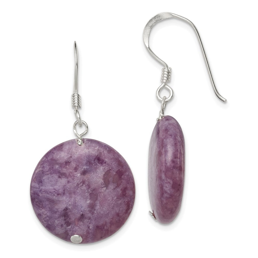 QE5854 Sterling Silver Polished Purple Lepidolite Circle Dangle Earrings
