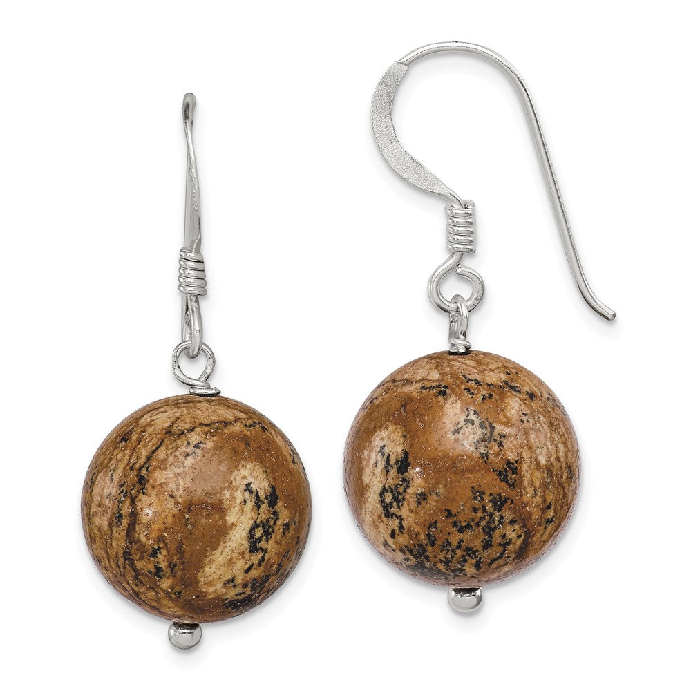 QE5865 Sterling Silver Polished 14mm Round Picture Jasper Dangle Earrings