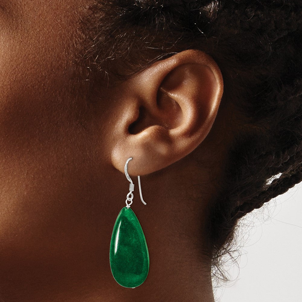 QE5897 Sterling Silver Polished Green Jade Teardrop Dangle Earrings
