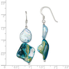 QE5926 Sterling Silver Polished Blue MOP & White FWC Pearl Dangle Earrings