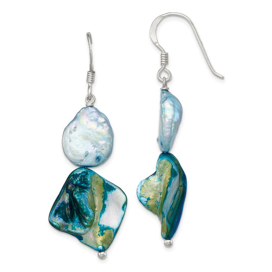 QE5926 Sterling Silver Polished Blue MOP & White FWC Pearl Dangle Earrings