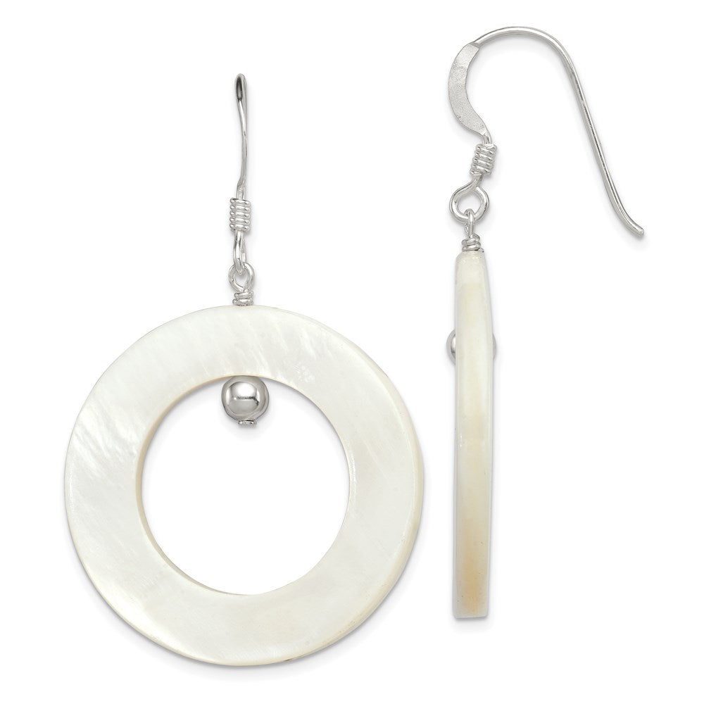 QE5931 Sterling Silver Polished White Mother of Pearl Circle Dangle Earrings