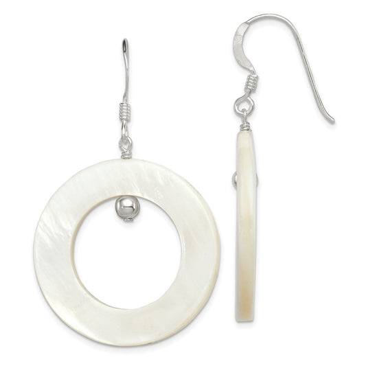 QE5931 Sterling Silver Polished White Mother of Pearl Circle Dangle Earrings