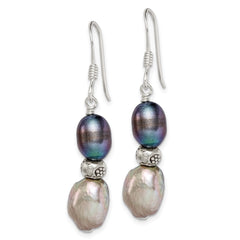 QE5944 Sterling Silver Polished Antiqued & Beaded Grey & Black 7-8mm Freshwater Cultured Pearl Dangle Earrings