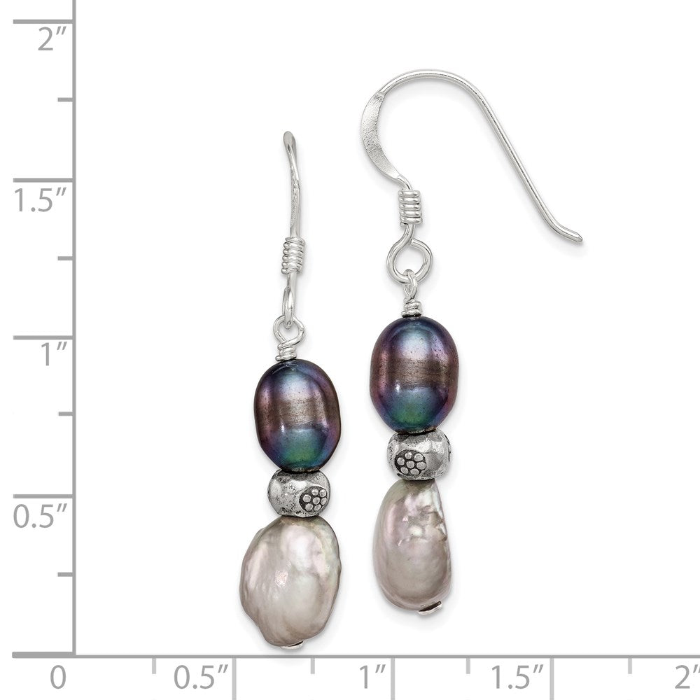 QE5944 Sterling Silver Polished Antiqued & Beaded Grey & Black 7-8mm Freshwater Cultured Pearl Dangle Earrings
